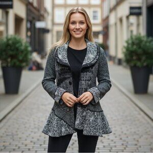 Romantic SIONI Gray Floral Embroidered Cotton Knit Patchwork Cardigan Sweater L